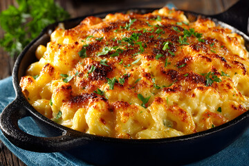 Macaroni and cheese also called mac and cheese or mac n cheese served in black small pan. Close up.