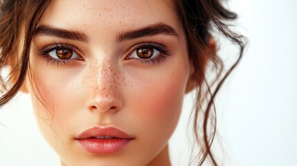 Fototapeta premium Close-up Portrait of a Young Woman with Freckles and Brown Eyes