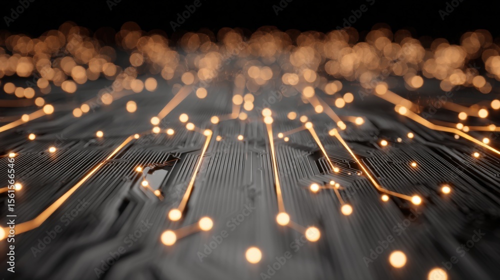Poster close-up of a circuit board with glowing data lines and electronic components illuminated.