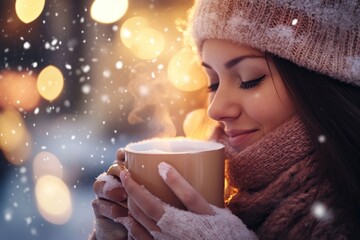 Soft winter glow around woman enjoying beverage, snow and warmth captured