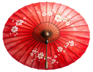 Hand-Painted Red Wagasa with Floral Motifs in Watercolor Style,