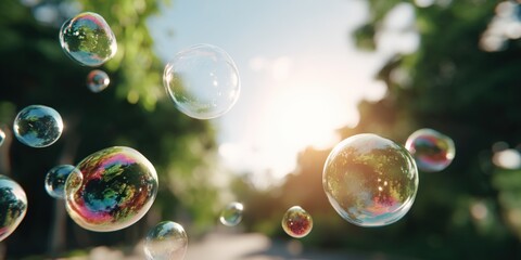 Bright sunny day outdoors with colorful soap bubbles floating in sky.