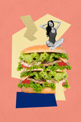 Art image trendy magazine photo collage of happy girl guy stand american hamburger fast food...