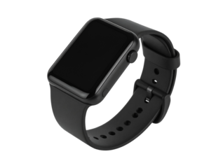 Overhead Perspective of a Black Slim Fitness Smartwatch Curved Around a Circular Stand, Display Off, Isolated on Transparent Background