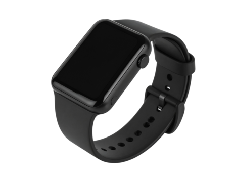 Overhead Perspective of a Black Slim Fitness Smartwatch Curved Around a Circular Stand, Display Off, Isolated on Transparent Background