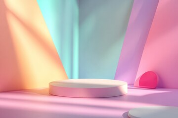 Soft lighting on mockup podium surrounded by colorful shapes and animated shadows