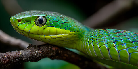 Obraz premium Close-up view of a vibrant green snake resting on a branch surrounded by lush foliage in a tropical environment during the day