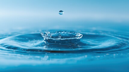 Close up of a single water droplet creating ripples and splash in calm blue pond.