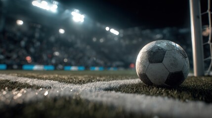 Close-up of a classic soccer ball on a field with stadium lights and audience in background.