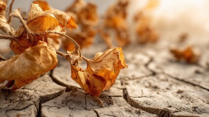 Close-up of dried wilted flowers and cracked earth with dry background for autumn scene.