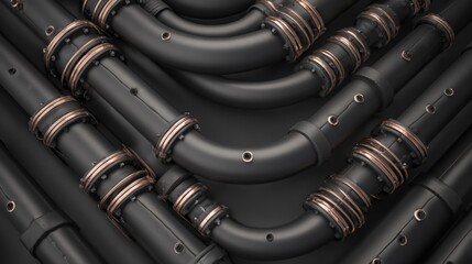 Close-up of black industrial pipes with copper fittings and detailed connections.