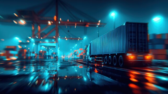 Long exposure view of moving cargo trucks at night in container port transportation hub.