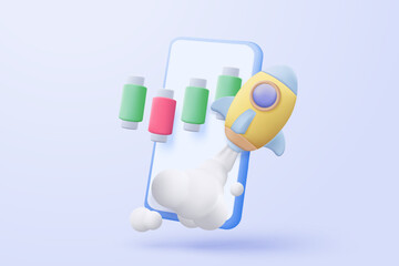 3d flying space rocket with money coin on mobile phone. Spaceship launch on blue background. space for business startup and growth statistics trading concept. 3d rocket icon vector illustration