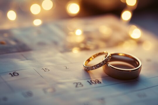 soft-lit scene with wedding rings resting on 2018 calendar page, love and planning theme