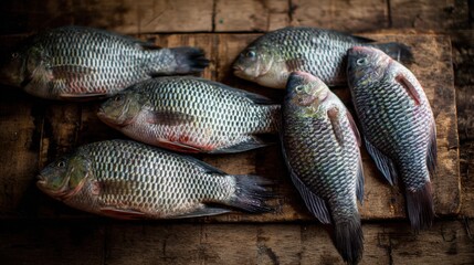 Fresh caught tilapia fish arranged on rustic wooden surface for seafood display.