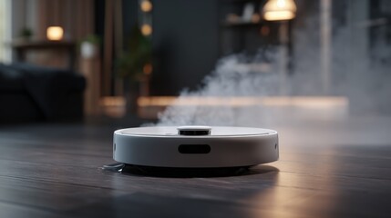 Modern robotic vacuum cleaner cleaning hardwood floor in stylish contemporary living room.