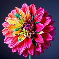 Obraz premium Vibrant multicolored dahlia flower with intricate petal details and contrasting dark background showcasing natural beauty and vivid color contrast
