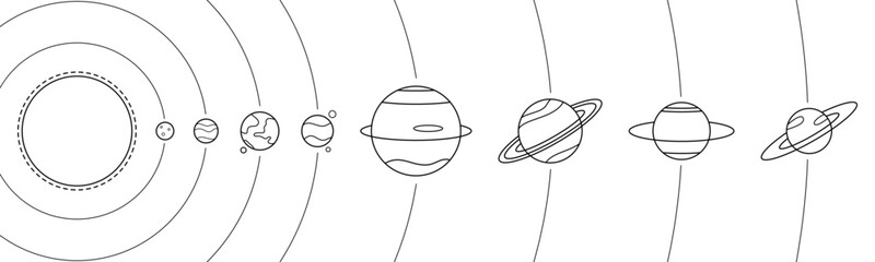Black line solar system orbit planet stars outline vector design