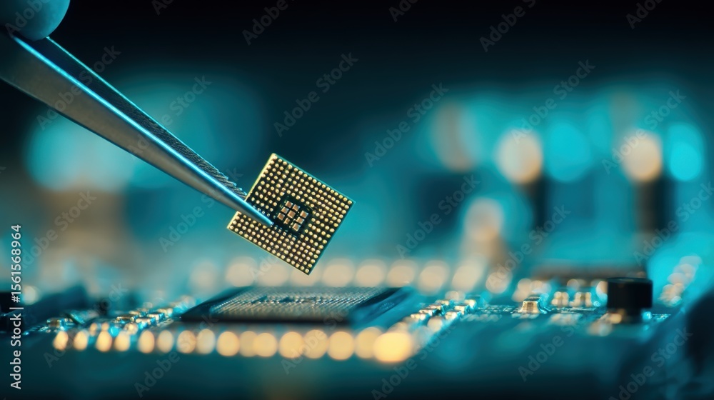 Poster close up of a microchip being inserted onto a circuit board with blurred background.