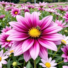 Obraz premium Vibrant pink and white daisy flower blooming in a lush green garden with a bee collecting pollen from the bright yellow center on a sunny day