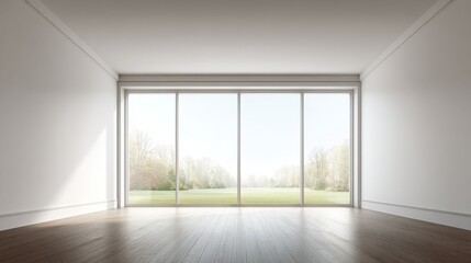 Modern minimal empty room with large glass sliding doors overlooking nature.