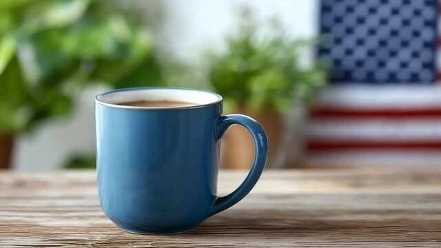 A rustic mug filled with coffee sits beside an American flag, capturing a moment of patriotism.