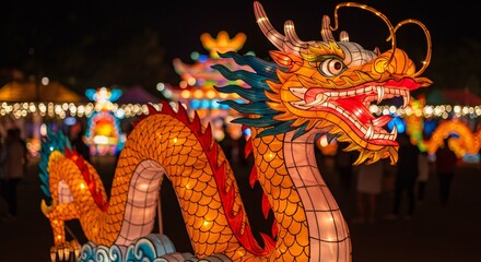 Illuminated dragon lantern glows brightly at night during a cultural festival event
