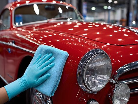 Fototapeta Person with gloved hands cleans and polishes a shiny red vintage car with soft cloth in an auto shop.