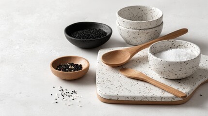 Elegant minimalist ceramic bowls and wooden spoons with spices on white tray.
