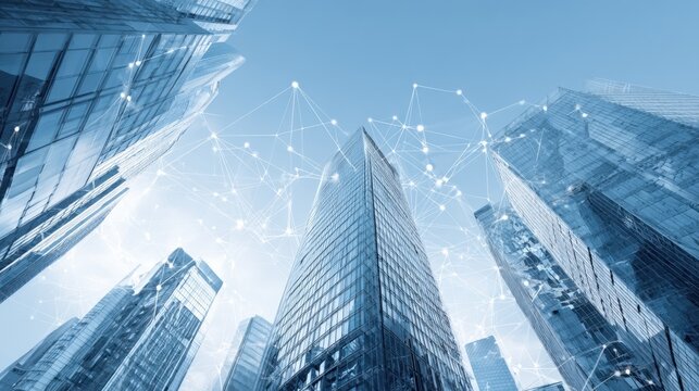 Modern glass skyscrapers connected with digital network lines in a futuristic cityscape.