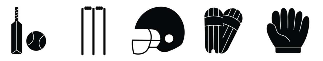 Cricket icons. Cricket related icon set. Ball, Bat, gloves, best man, helmet, wicket. bat and ball icon set line and isolated on white background
