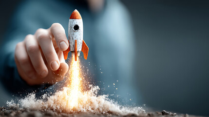 Launching a toy rocket startup business concept with hand holding model rocket beginning ascent into space success in innovation and technology