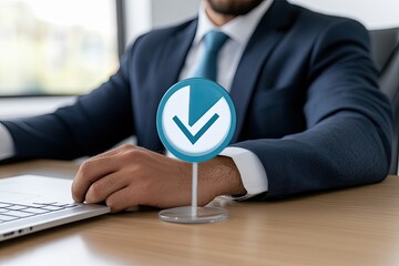 Businessman at desk with checkmark graphic