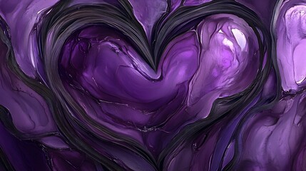 Abstract Purple Heart Painting, Fluid Art, Swirling Color, Deep Violet Hues, Rich Texture, Modern Art, Acrylic Pouring,  Love Theme