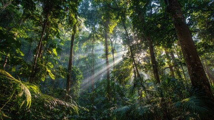 Obraz premium Dense lush green tropical rainforest with sunlight filtering through tall trees and vibrant foliage.