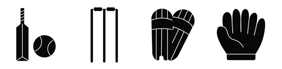 Cricket icons. Cricket related icon set. Ball, Bat, gloves, best man, helmet, wicket. bat and ball icon set line and isolated on white background
