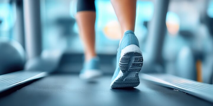 Close-up of a person walking on a treadmill in a modern gym with blurred background.