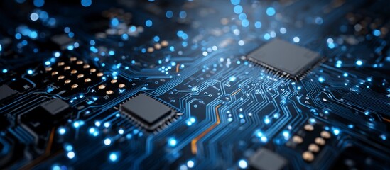 Obraz premium Blue circuit board background Banner for web design, business presentation or graphic design on dark blue background. Digital illustration of abstract and futuristic technology concept. 