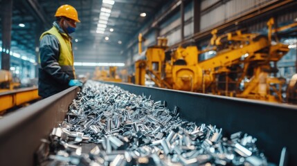 Industrial Factory Worker Inspecting Metal Components in Large Manufacturing Plant.