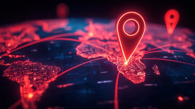 Digital Global Map with Bright Location Markers and Network Connections Visualization.