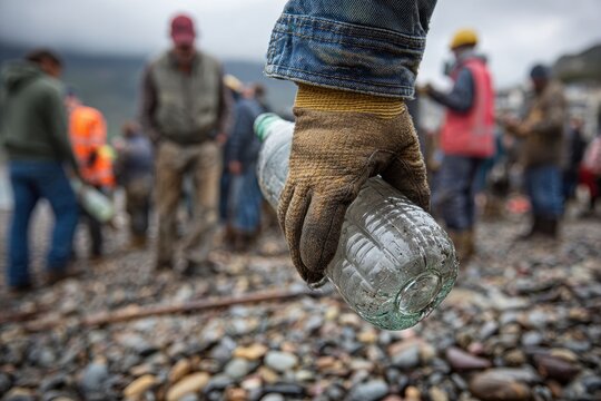 Close-up hand holding plastic bottle, beach cleanup