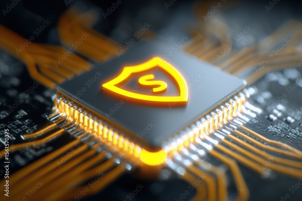 Poster close-up of a modern computer processor with illuminated shield logo on circuit board.