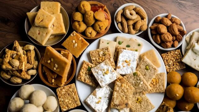 Overhead arrangement of assorted traditional sweets and nuts served in bowls and on plates for festive occasions on a dark wooden surface.