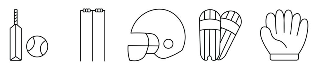 Cricket icons. Cricket related icon set. Ball, Bat, gloves, best man, helmet, wicket. bat and ball icon set line and isolated on white background
