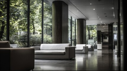 Fototapeta premium Modern hotel lobby interior with large glass windows and stylish seating area.