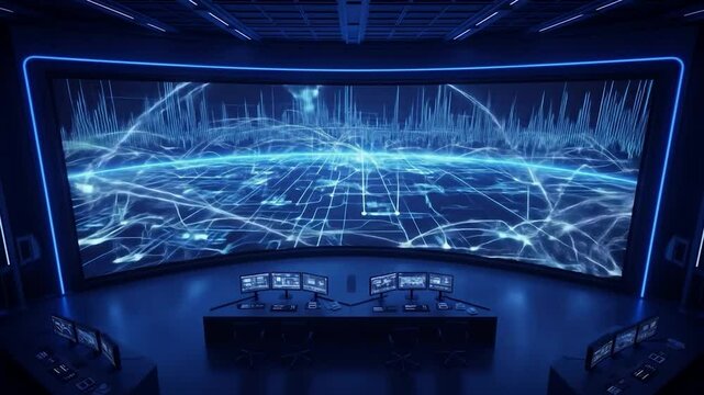 Futuristic Control Room: Global Network Data Visualization and Cyber Security - Powered by Adobe