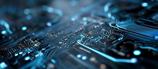 Blue circuit board background Banner for web design, business presentation or graphic design on dark blue background. Digital illustration of abstract and futuristic technology concept. 