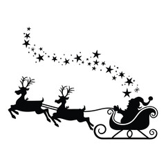 Santa Claus riding sleigh with reindeer in festive silhouette illustration