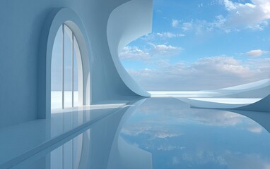 Fototapeta premium 3D render of an abstract futuristic background with a blue sky and mirror reflections, curved shapes, and two large glass doors on the left side leading to the horizon. The background is minimalistic 