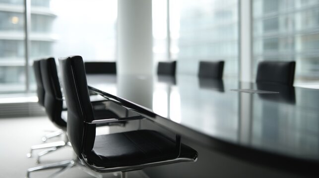 Modern conference room with black chairs and glass table in bright office environment. - Powered by Adobe